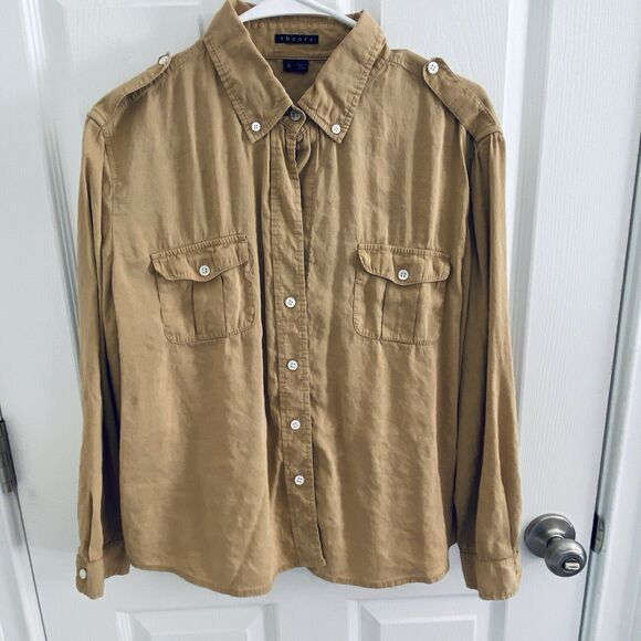 THEORY Shirt Womens Size Large button down linen utility military equestrian - Picture 1 of 4